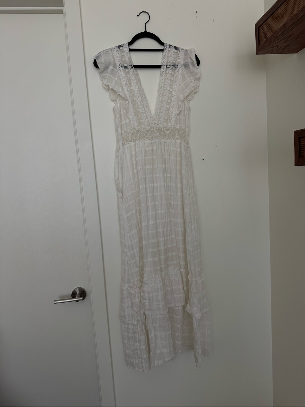 White Lace-Trim Maxi Dress with Deep V-Neck